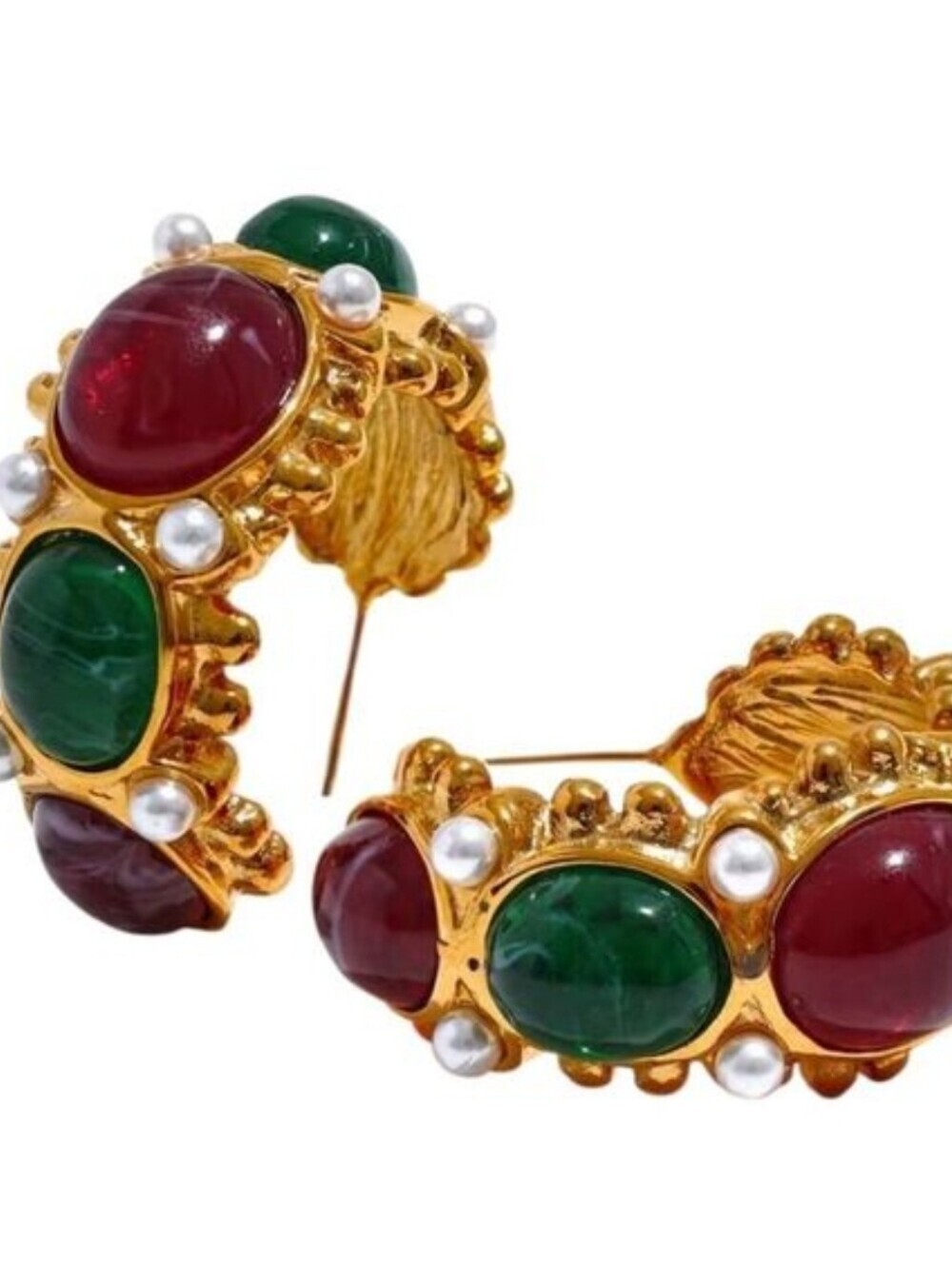 New! C French Hoops,Red and Green Gems, Faux Pearls, Gold Plated | 2005e NWOT